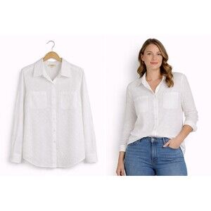 Style & Co Textured Dot Button Down Shirt Top Size XS White Long Sleeve Cotton